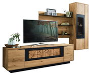 Wandkombination aus Holz mit modernem Design, bestehend aus einem TV-Schrank, Regalen und einem hohen Schrank, frontal betrachtet.