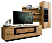 Wandmeubel van hout met een modern ontwerp, bestaande uit een tv-kast, planken en een hoge kast, gezien vanaf de voorkant.