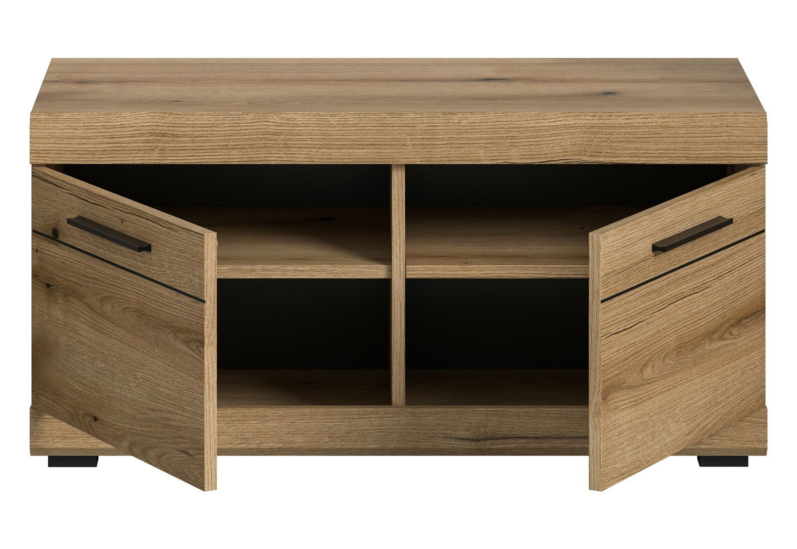 Sitzbank aus Holz mit zwei offenen Türen und vier Fächern, frontale Ansicht