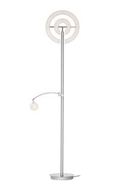 Moderner LED-Deckenfluter von Dieter Knoll in silberner Farbe, mit kreisförmigem Leuchtelement und zusätzlichem Leselicht, seitliche Perspektive.