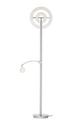 Moderner LED-Deckenfluter von Dieter Knoll in silberner Farbe, mit kreisförmigem Leuchtelement und zusätzlichem Leselicht, seitliche Perspektive.