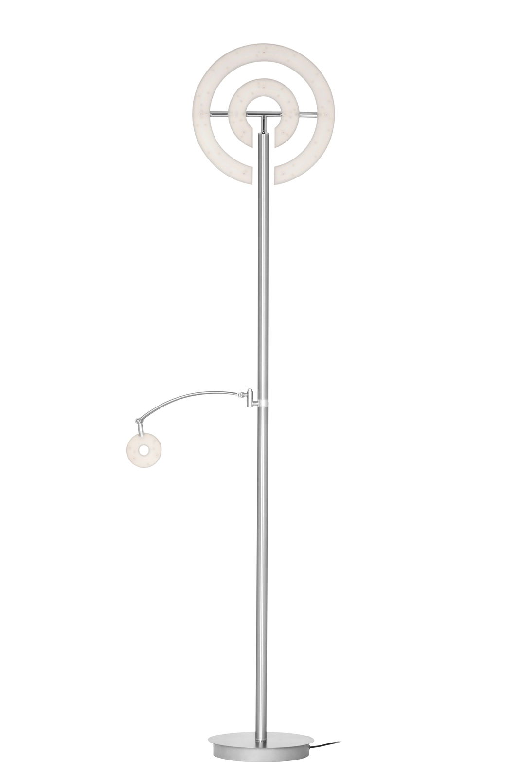 Moderner LED-Deckenfluter von Dieter Knoll in silberner Farbe, mit kreisförmigem Leuchtelement und zusätzlichem Leselicht, seitliche Perspektive.