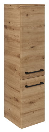 Midischrank aus Holzoptik mit zwei schwarzen Griffen, seitliche Perspektive