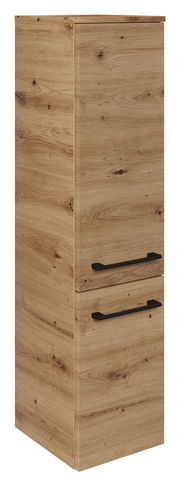 Midischrank aus Holzoptik mit zwei schwarzen Griffen, seitliche Perspektive