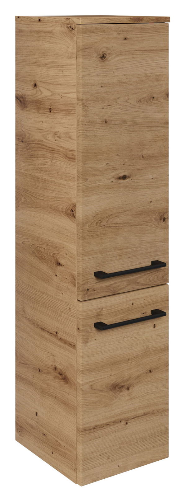 Sadena Midischrank PLAKA Midischrank aus Holzoptik mit zwei schwarzen Griffen, seitliche Perspektive