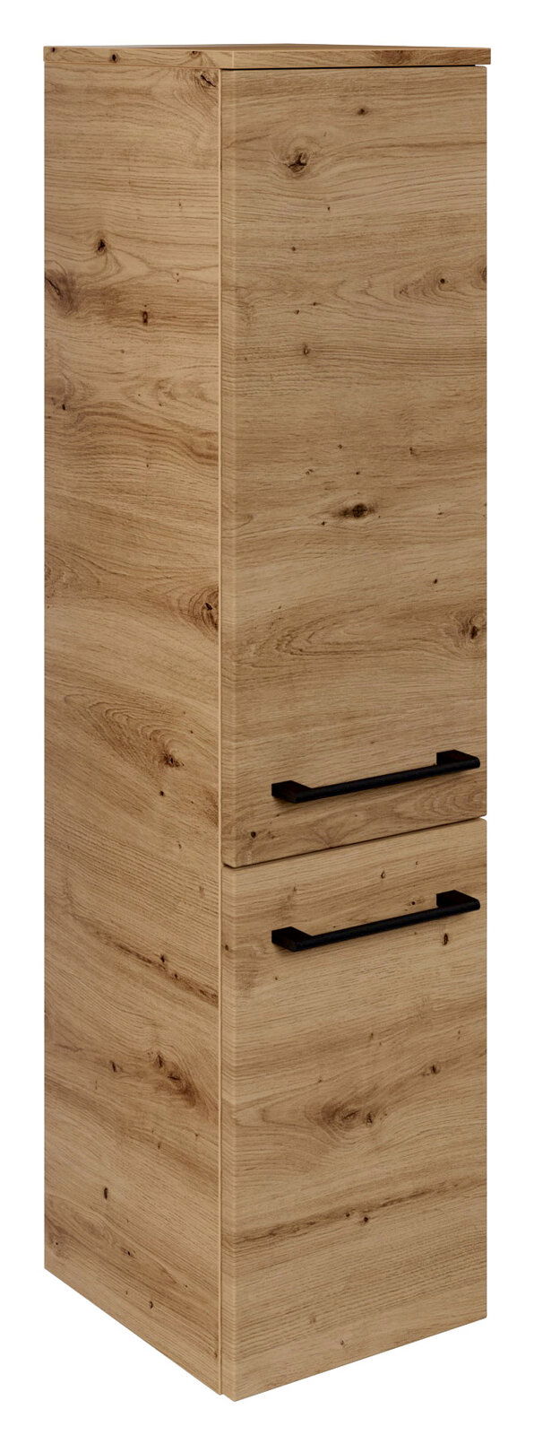 Sadena Midischrank PLAKA Midischrank aus Holzoptik mit zwei schwarzen Griffen, seitliche Perspektive