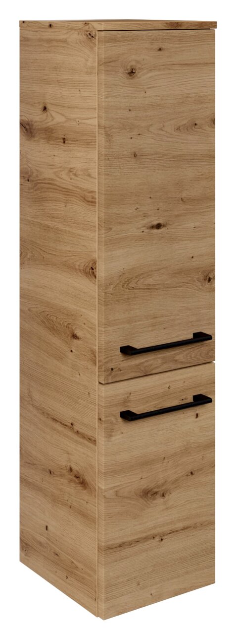 Sadena Midischrank PLAKA Midischrank aus Holzoptik mit zwei schwarzen Griffen, seitliche Perspektive