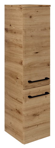 Midischrank aus Holzoptik mit zwei schwarzen Griffen, seitliche Perspektive