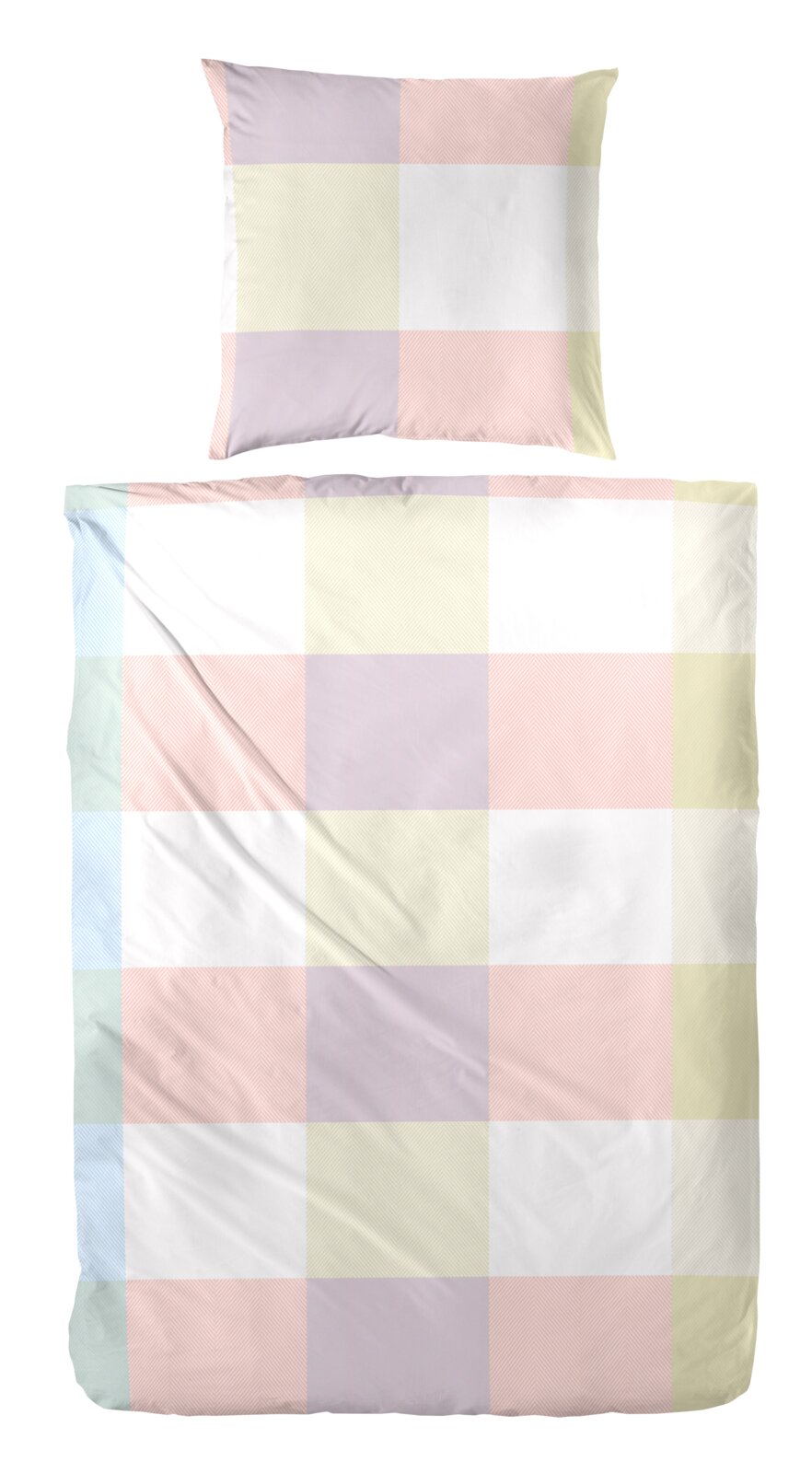 Primera Renforcé Bettwäsche 135/200cm Bettwäsche-Set mit Kissenbezug und Bettbezug in pastellfarbenem Karomuster mit feiner Fischgrätstruktur, Draufsicht von oben
