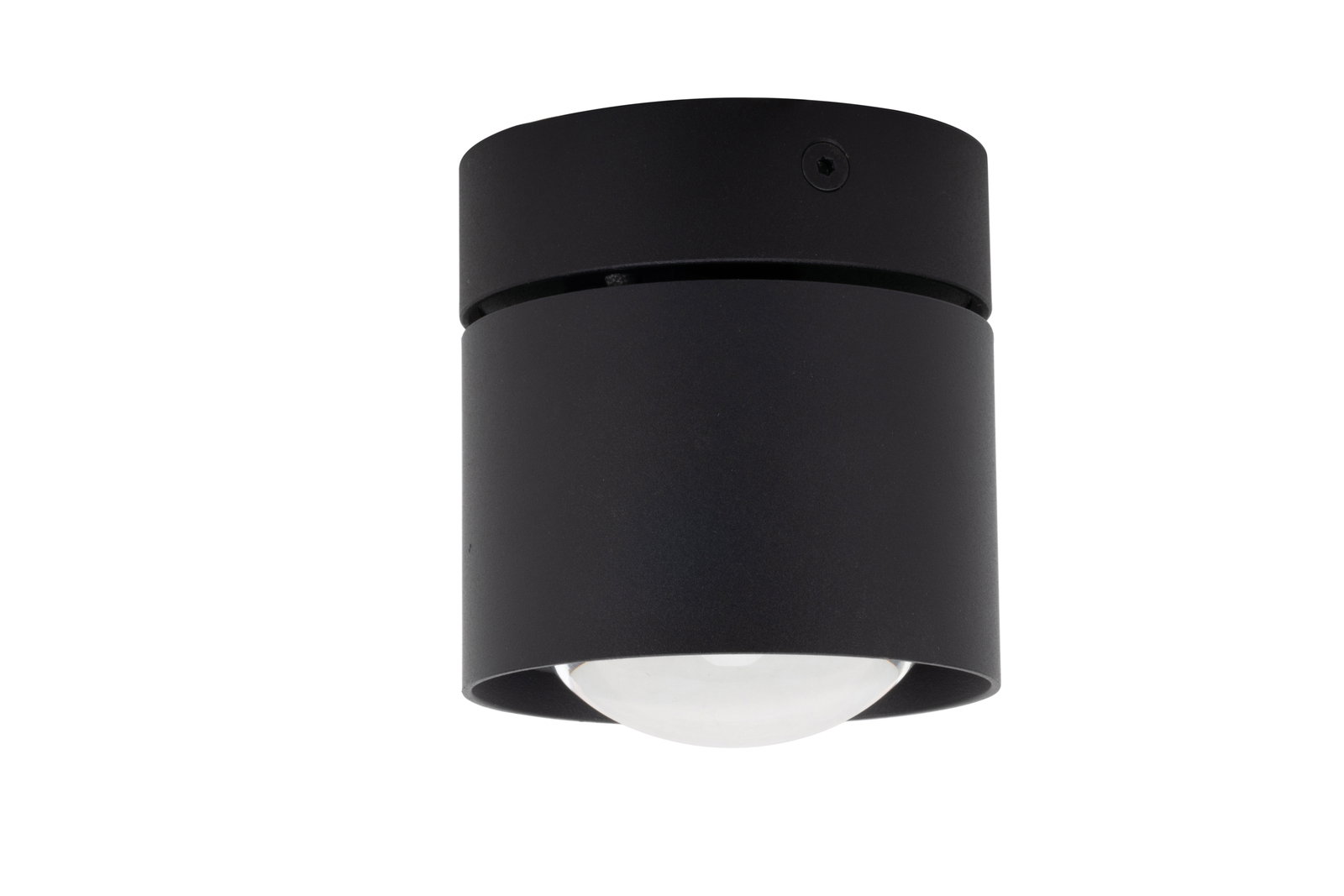 Schwarzer LED-Spotkopf aus der Seitenperspektive, zylindrische Form mit sichtbarer Glaskuppel.
