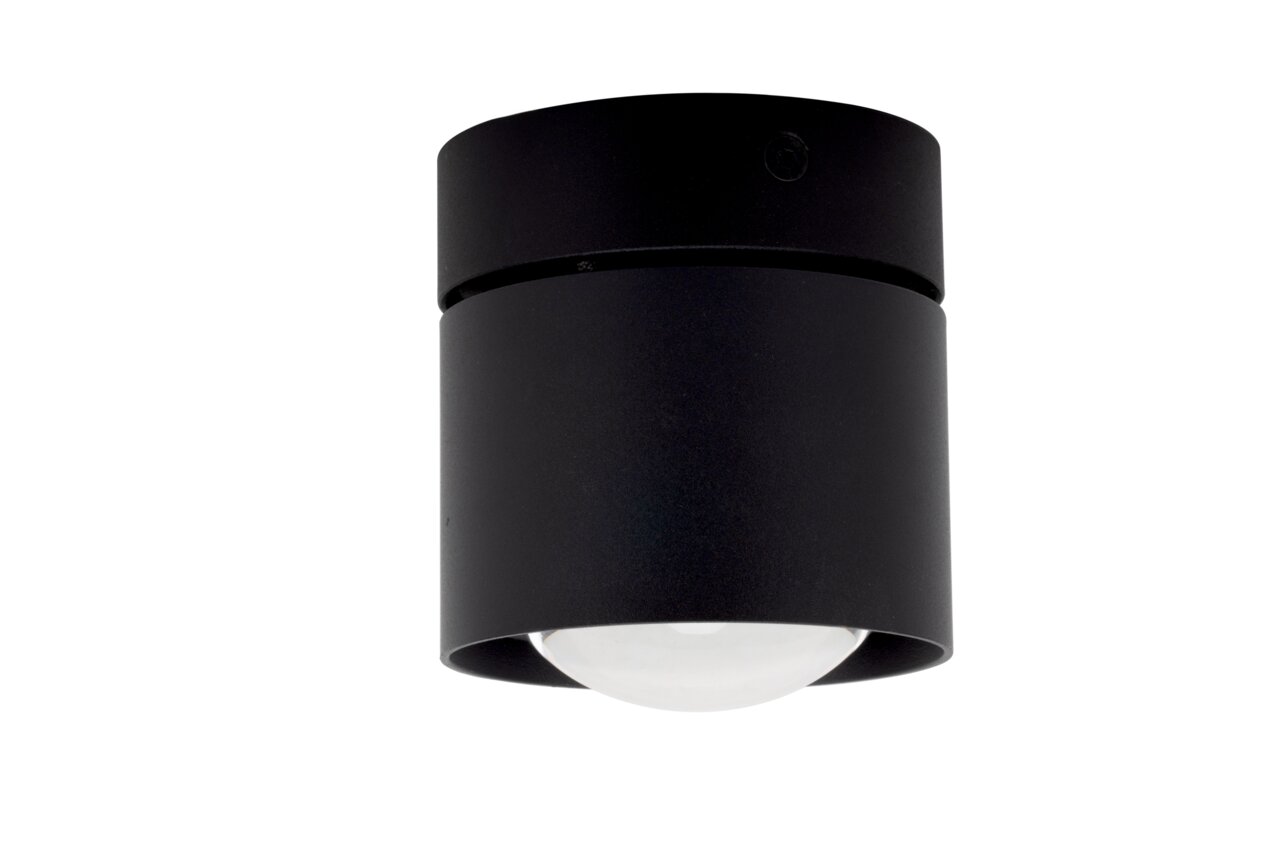 Zwarte led-spotkop gezien vanuit de zijkant, cilindrische vorm met zichtbare glazen koepel.
