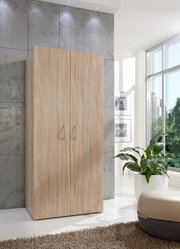 Moderner Kleiderschrank aus Holz in heller Eichenoptik, frontal fotografiert, in einem hellen Raum mit großen Fenstern und Pflanzen.