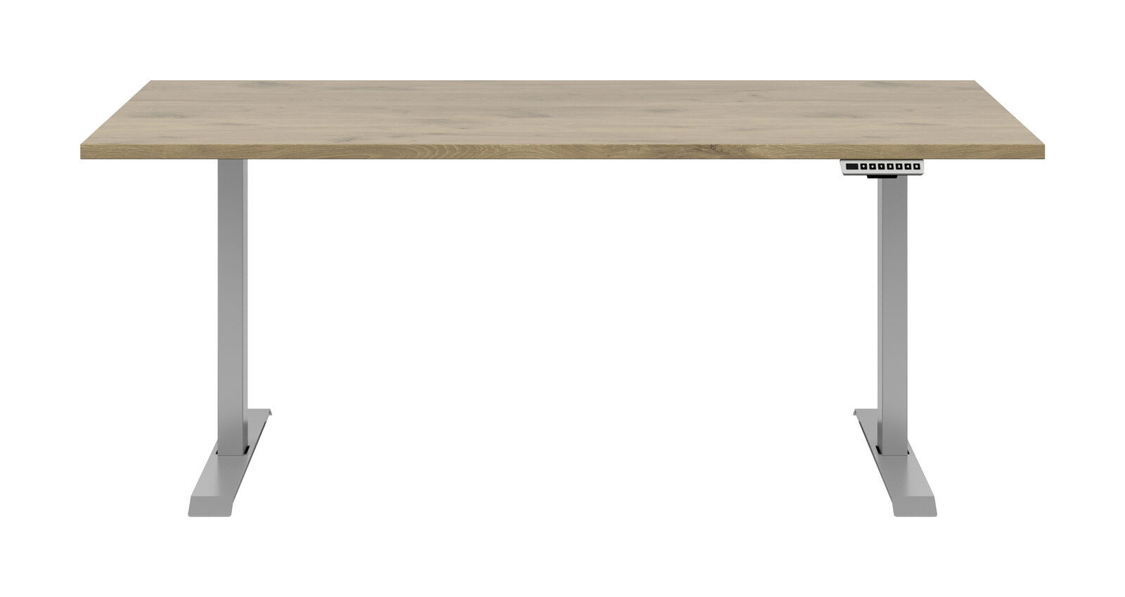 Voleo E-Schreibtisch CONNECT Moderner E-Schreibtisch mit Holzoberfläche und grauen Metallbeinen, Frontalansicht.