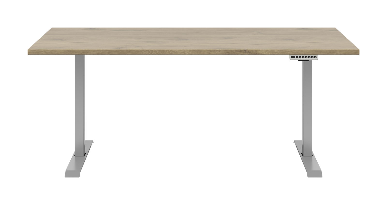 Moderner E-Schreibtisch mit Holzoberfläche und grauen Metallbeinen, Frontalansicht.