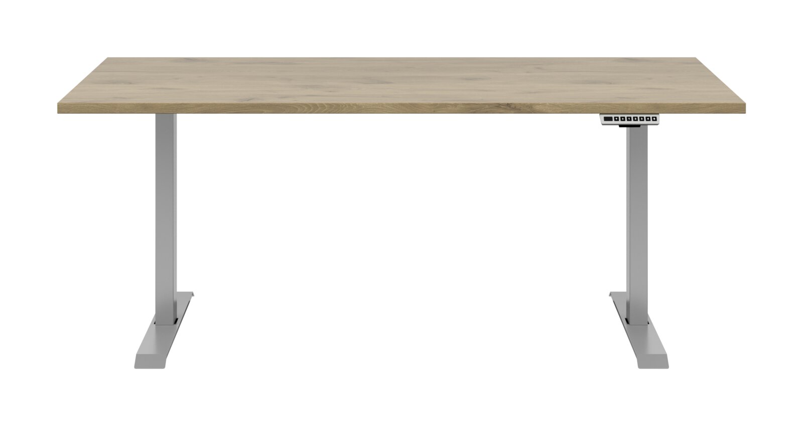 Moderner E-Schreibtisch mit Holzoberfläche und grauen Metallbeinen, Frontalansicht.