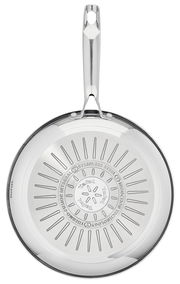 Pfanne aus Edelstahl von oben mit sichtbarem Bodenmuster und Griff.