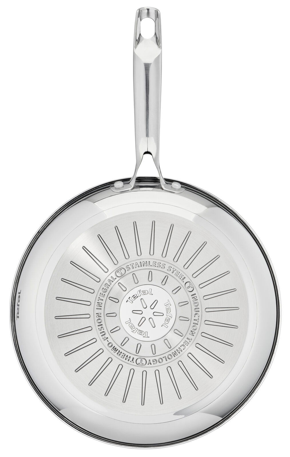 Pfanne aus Edelstahl von oben mit sichtbarem Bodenmuster und Griff.