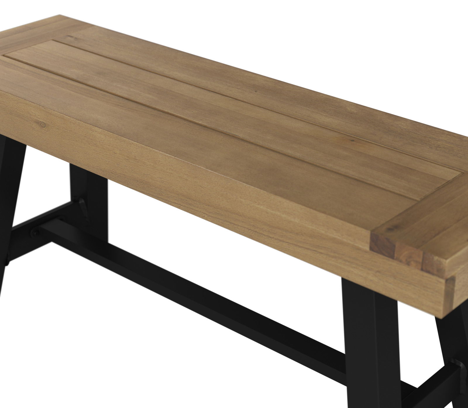 Gartenbank aus Holz mit schwarzem Metallgestell, seitliche Perspektive