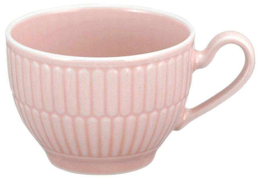 Rosa Espressoobertasse mit geriffeltem Muster, seitliche Perspektive