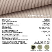 Nahaufnahme in schräger Draufsicht: beiger Cordstoff (100% PES) mit Rippenstruktur; Infografik mit Stoffdetails wie Scheuertouren >35000, Abriebfestigkeit 4–5, Pillingfestigkeit 5 sowie Pflege- und OEKO-TEX/Pet-friendly/Easy-clean-Symbolen.