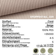 Nahaufnahme in schräger Draufsicht: beiger Cordstoff (100% PES) mit Rippenstruktur; Infografik mit Stoffdetails wie Scheuertouren >35000, Abriebfestigkeit 4–5, Pillingfestigkeit 5 sowie Pflege- und OEKO-TEX/Pet-friendly/Easy-clean-Symbolen.