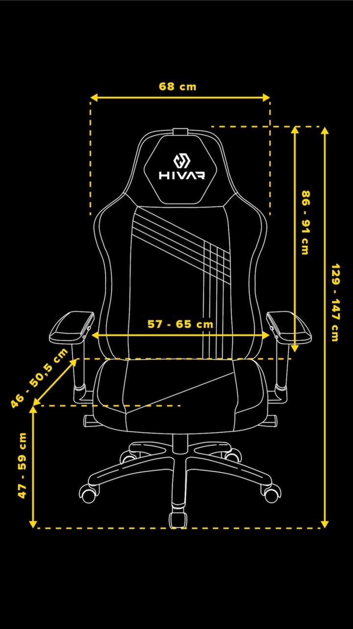 Frontansicht des HIVAR Gaming Stuhls SKYLAR XL mit verstellbaren Armlehnen und ergonomischem Design, Maße in Zentimetern angegeben.