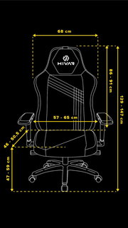 Frontansicht des HIVAR Gaming Stuhls SKYLAR XL mit verstellbaren Armlehnen und ergonomischem Design, Maße in Zentimetern angegeben.
