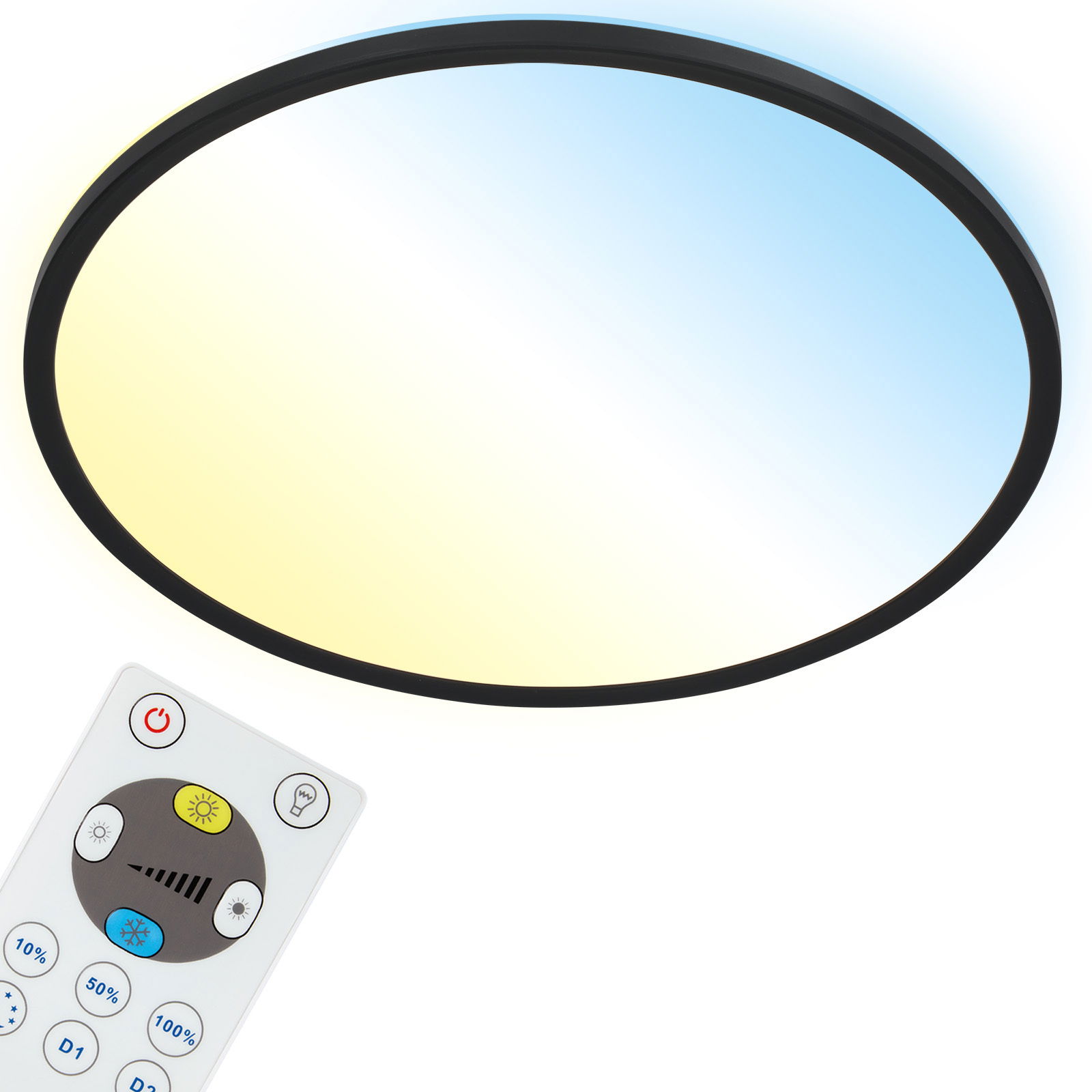 LED-Deckenleuchte mit Fernbedienung, seitliche Perspektive