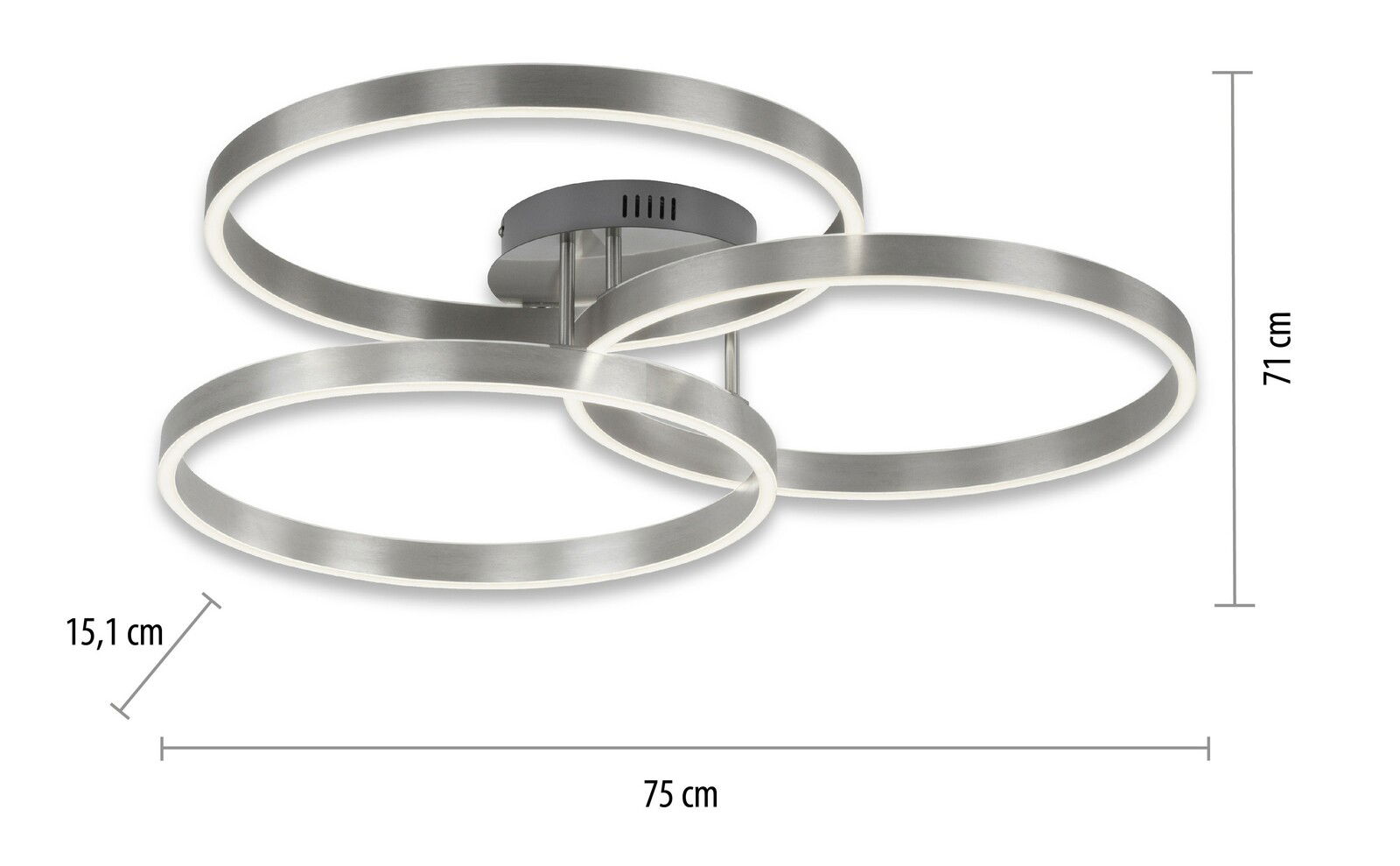 Moderne Deckenleuchte aus Stahl mit drei ineinander verschlungenen Ringen, seitliche Perspektive