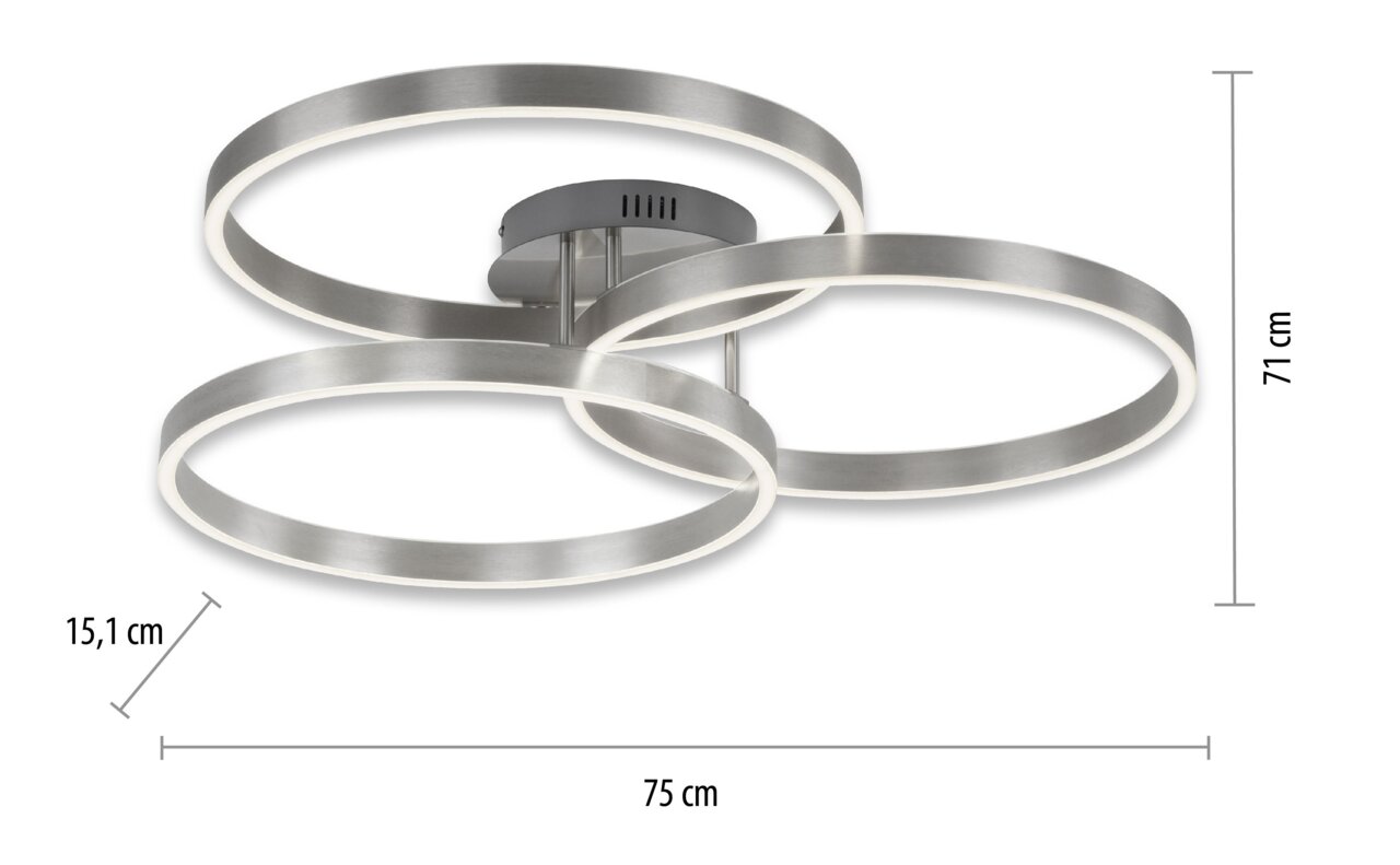 Moderne plafondlamp van staal met drie in elkaar verweven ringen, zijaanzicht
