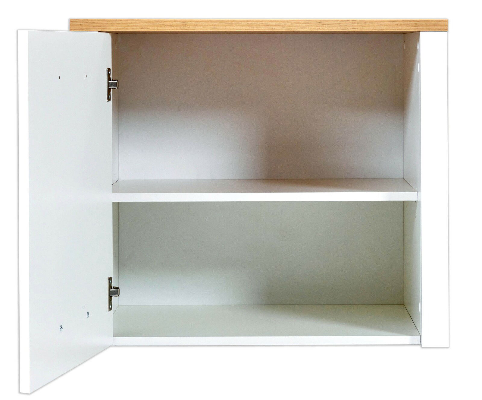 Offener weißer Schrankaufsatz mit zwei Regalböden, Ansicht von vorne