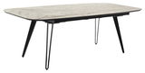 Moderner Esstisch mit rechteckiger, marmorierter Tischplatte und schwarzen Metallbeinen, seitliche Perspektive