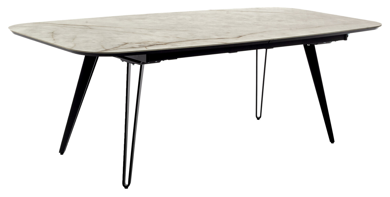 Moderner Esstisch mit rechteckiger, marmorierter Tischplatte und schwarzen Metallbeinen, seitliche Perspektive