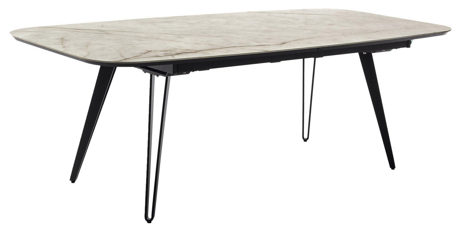 Moderner Esstisch mit rechteckiger, marmorierter Tischplatte und schwarzen Metallbeinen, seitliche Perspektive