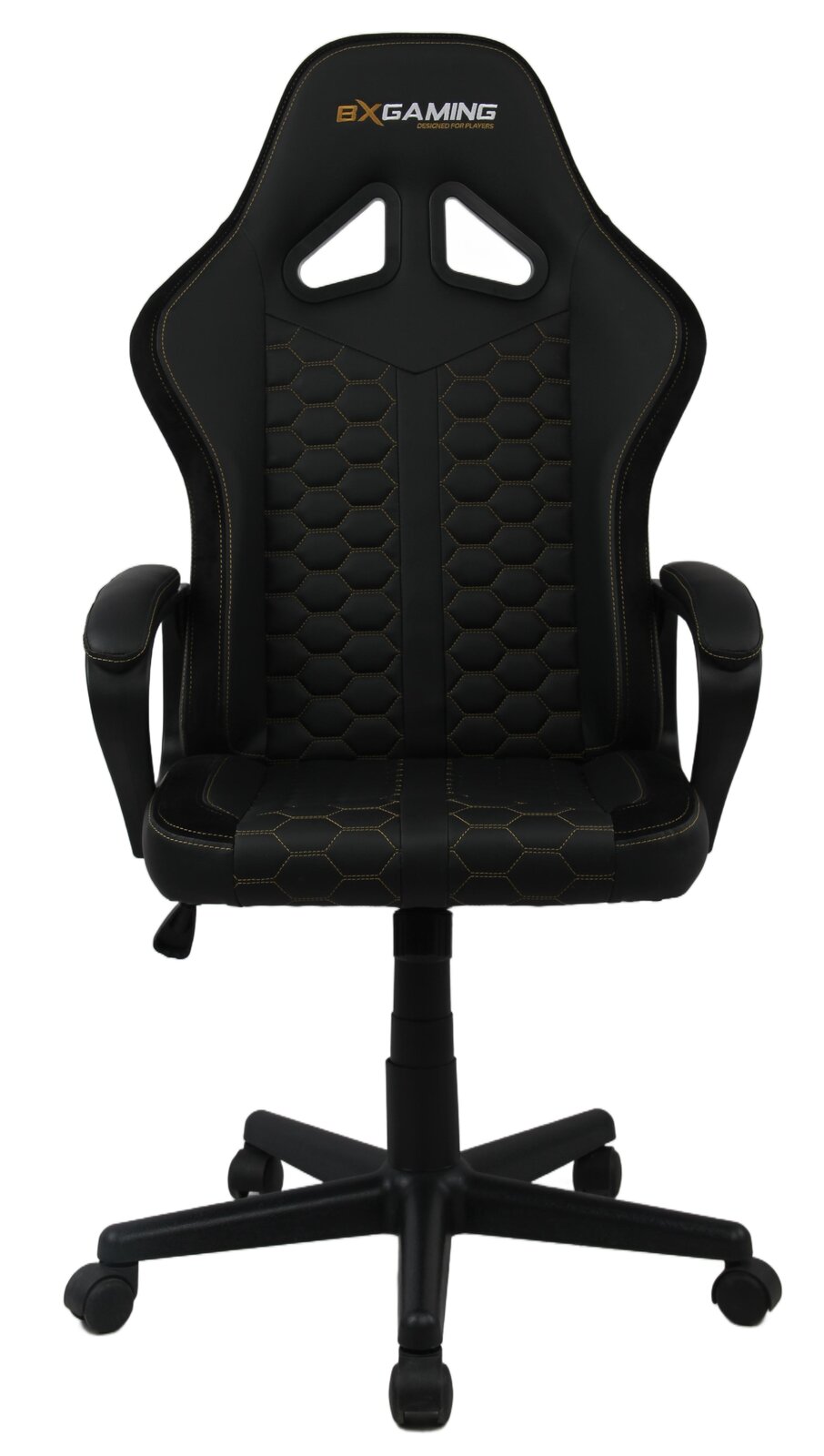 Schwarzer Gaming-Stuhl mit ergonomischem Design und Wabenmuster, Vorderansicht