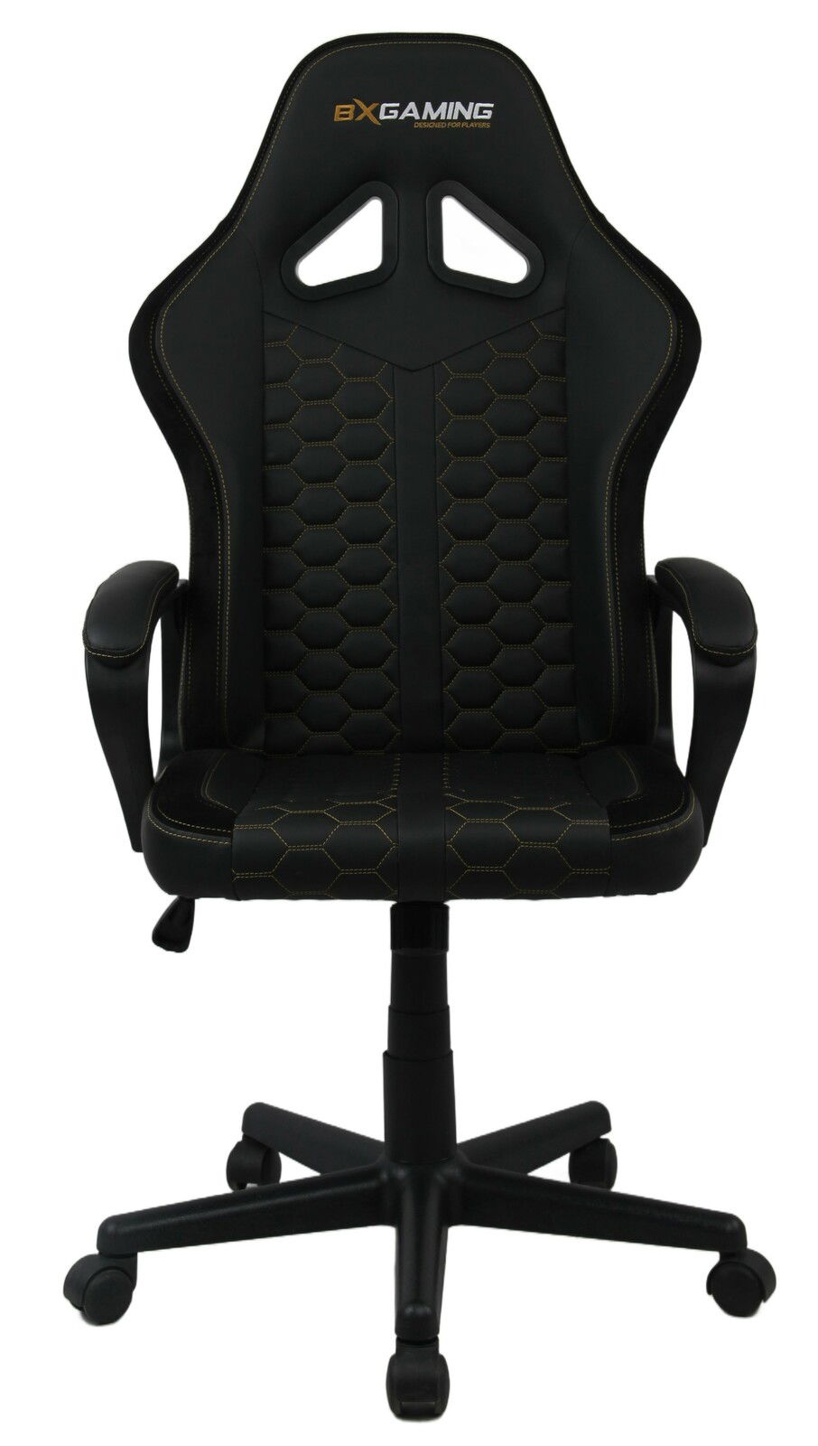 Schwarzer Gaming-Stuhl mit ergonomischem Design und Wabenmuster, Vorderansicht