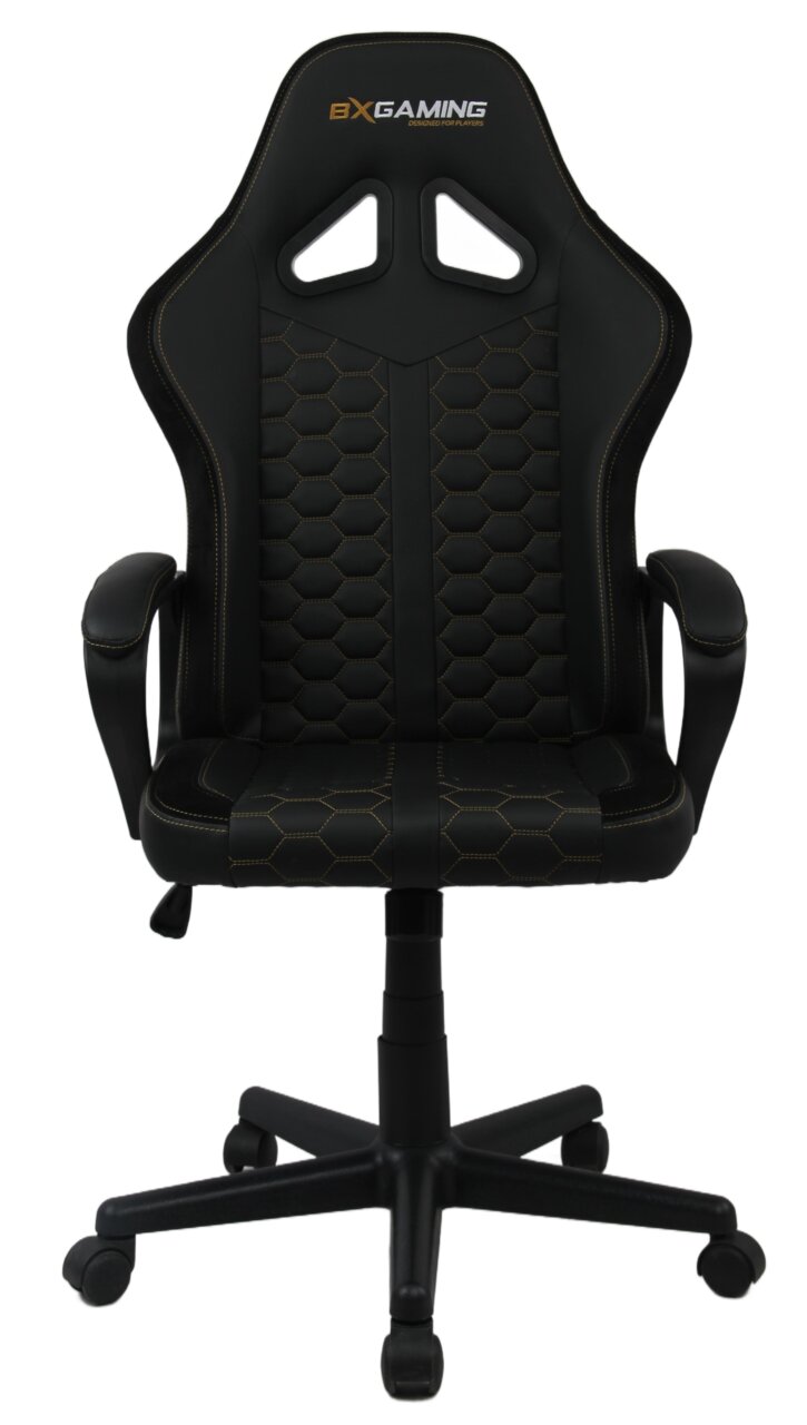 Schwarzer Gaming-Stuhl mit ergonomischem Design und Wabenmuster, Vorderansicht