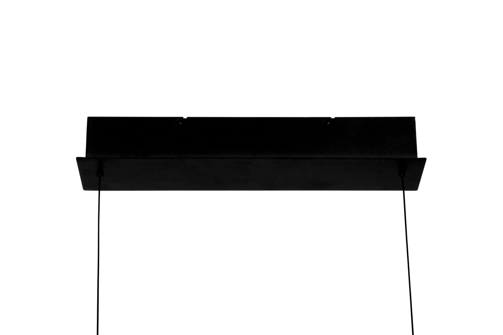 Zwarte LED-hanglamp, van onderaf gezien, rechthoekige vorm met twee kabels.