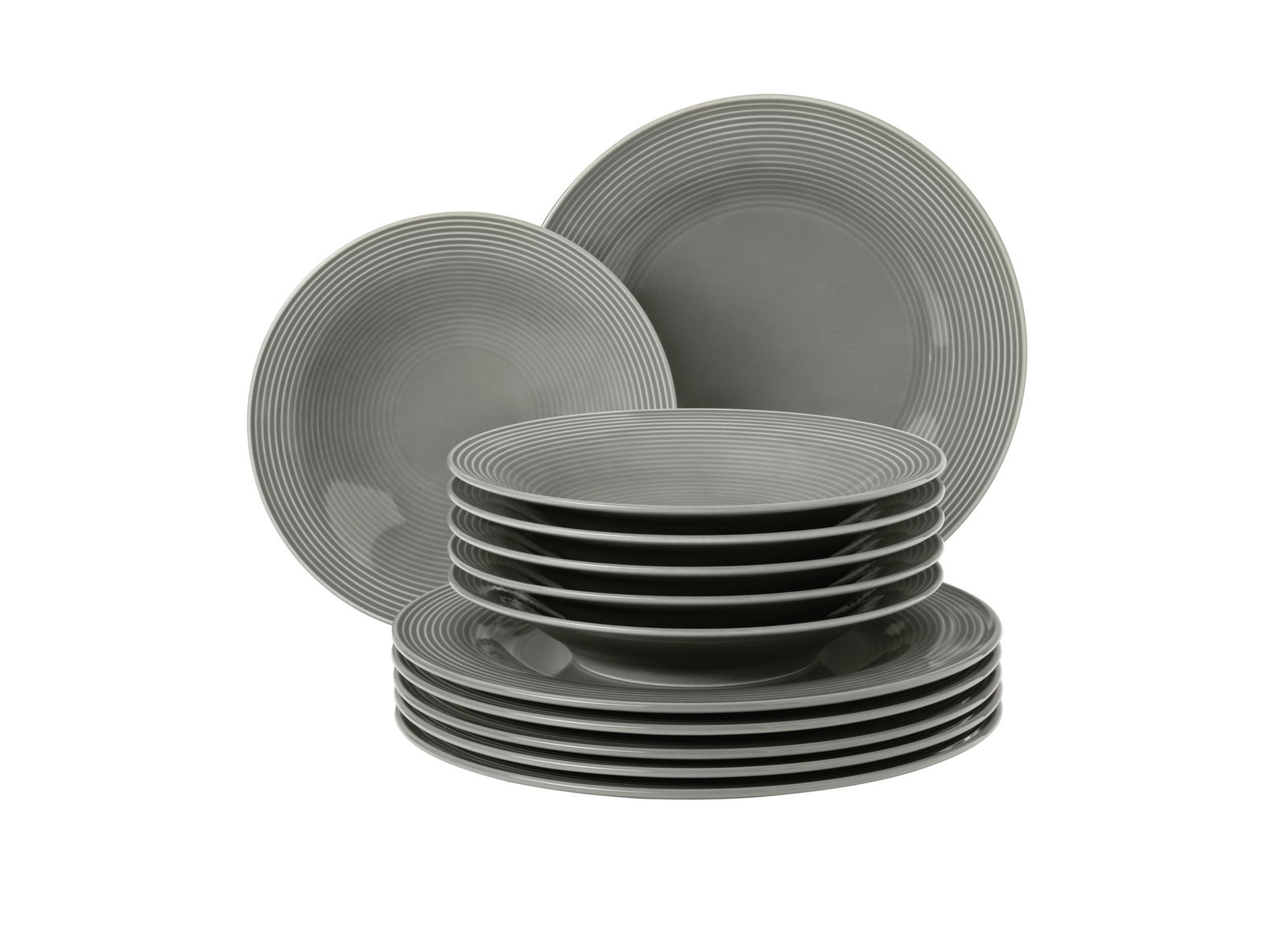 Graues 12-teiliges Tafelset Beat mit gestapelten Tellern, seitliche Perspektive