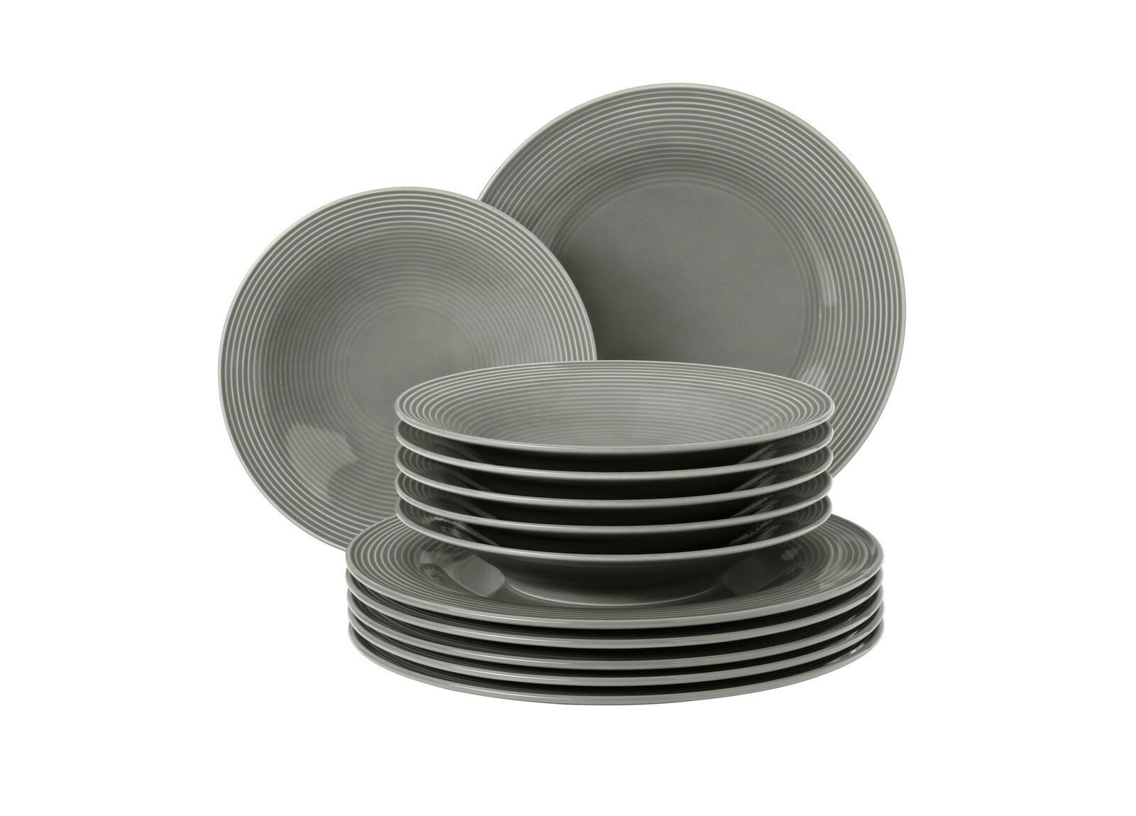 Seltmann Weiden Tafelservice 12-tlg. BEAT Graues 12-teiliges Tafelset Beat mit gestapelten Tellern, seitliche Perspektive