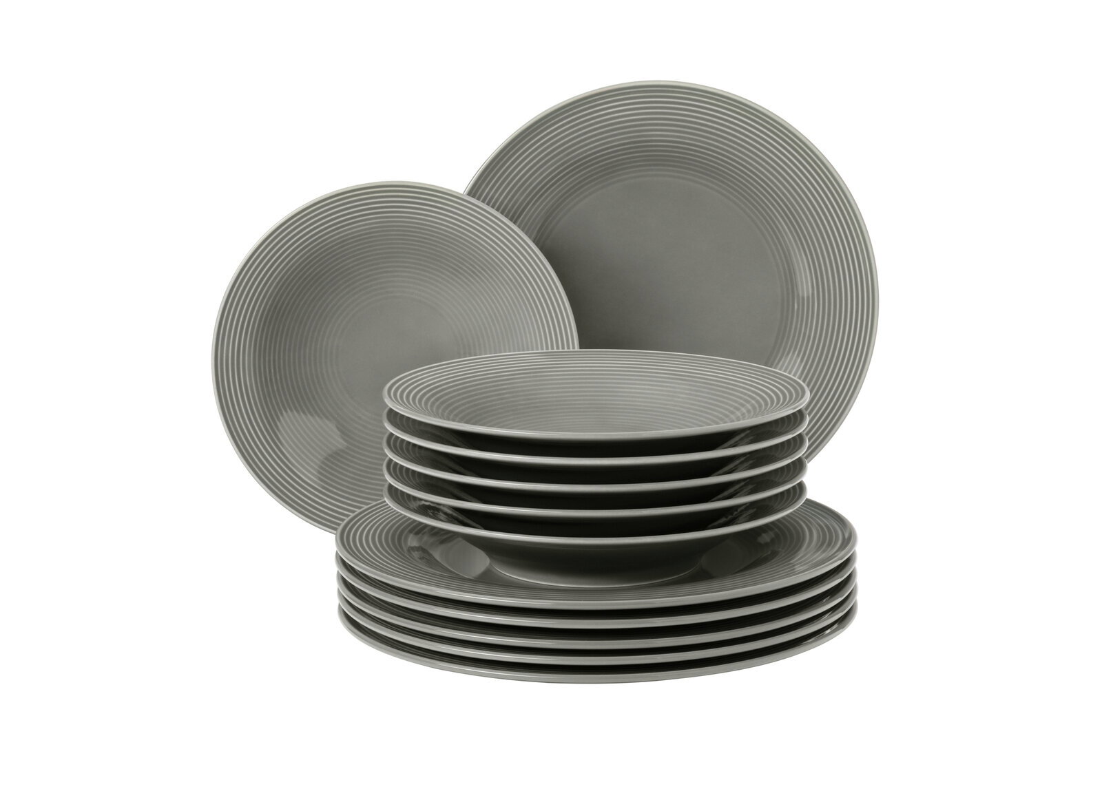 Graues 12-teiliges Tafelset Beat mit gestapelten Tellern, seitliche Perspektive