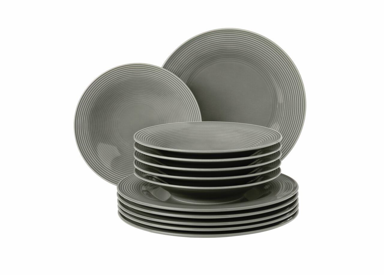 Graues 12-teiliges Tafelset Beat mit gestapelten Tellern, seitliche Perspektive