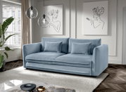 Blaues Funktionssofa in einem modernen Wohnzimmer, frontal betrachtet, mit zwei Kissen und stilvollen Wandbildern im Hintergrund.