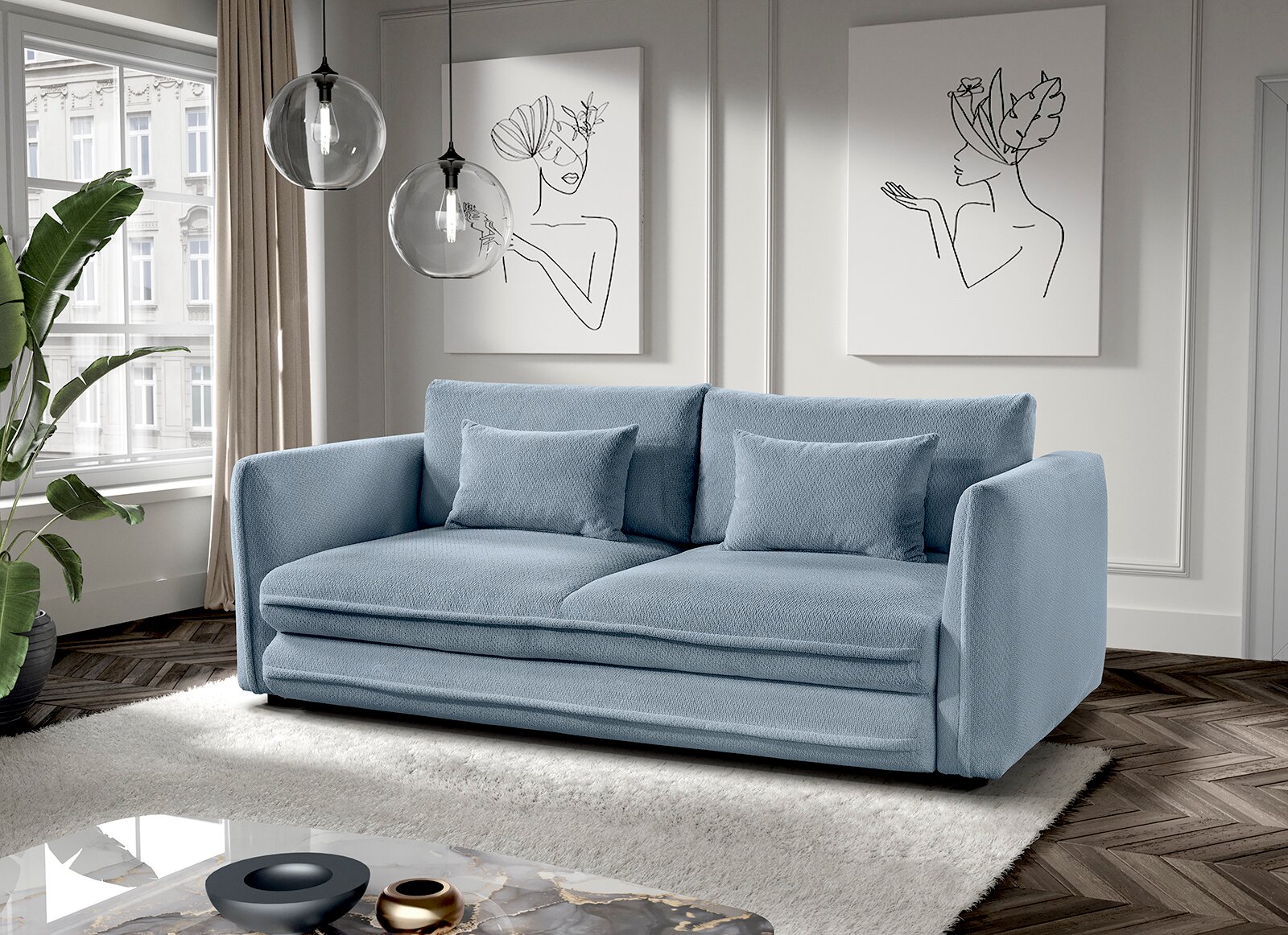 Blaues Funktionssofa in einem modernen Wohnzimmer, frontal betrachtet, mit zwei Kissen und stilvollen Wandbildern im Hintergrund.