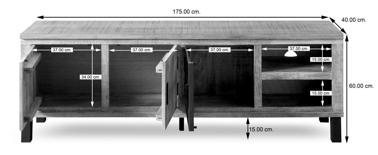 Vooraanzicht van een laag kastje met open deuren en open vakken, afmetingen: 175 cm breed, 60 cm hoog, 40 cm diep.