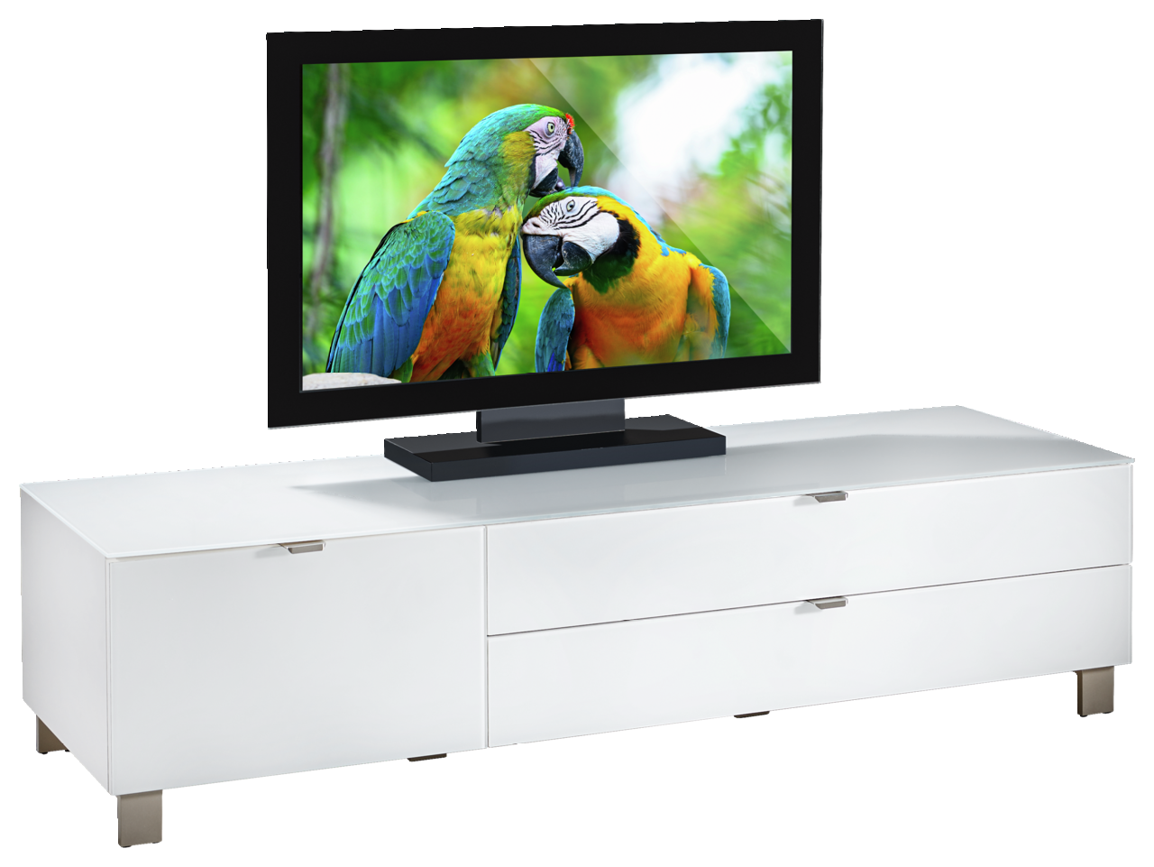 Hom´in TV-Lowboard POOLE Weißes TV-Lowboard mit zwei Schubladen und einer Tür, darauf steht ein Flachbildfernseher mit Papageienbild, Perspektive von vorne links