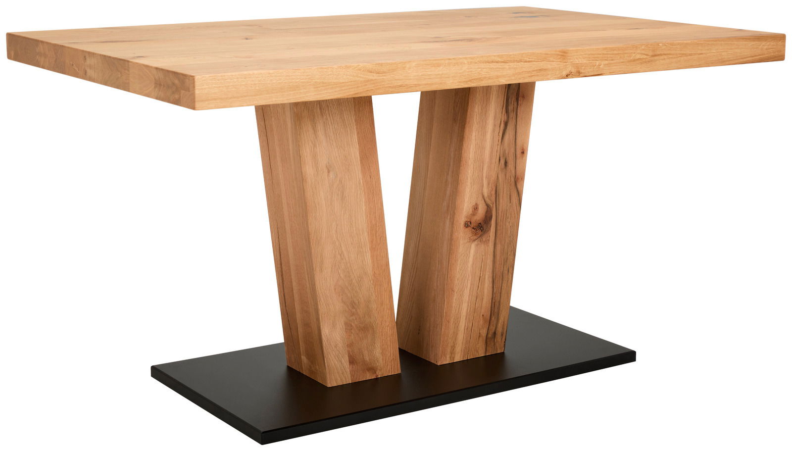 Moderner Esstisch aus Holz mit V-förmigem Gestell, seitliche Perspektive