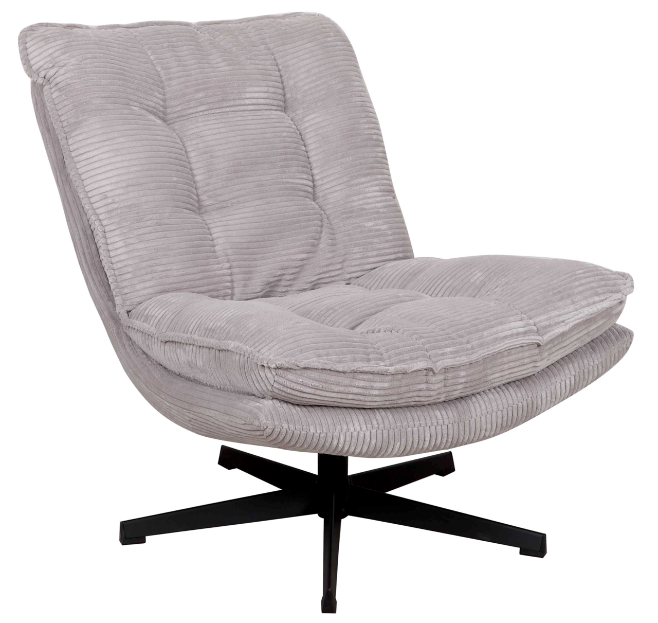 Grauer Relaxsessel mit weichem, geripptem Stoffbezug und schwarzem Drehfuß, seitliche Perspektive