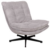 Grauer Relaxsessel mit weichem, geripptem Stoffbezug und schwarzem Drehfuß, seitliche Perspektive