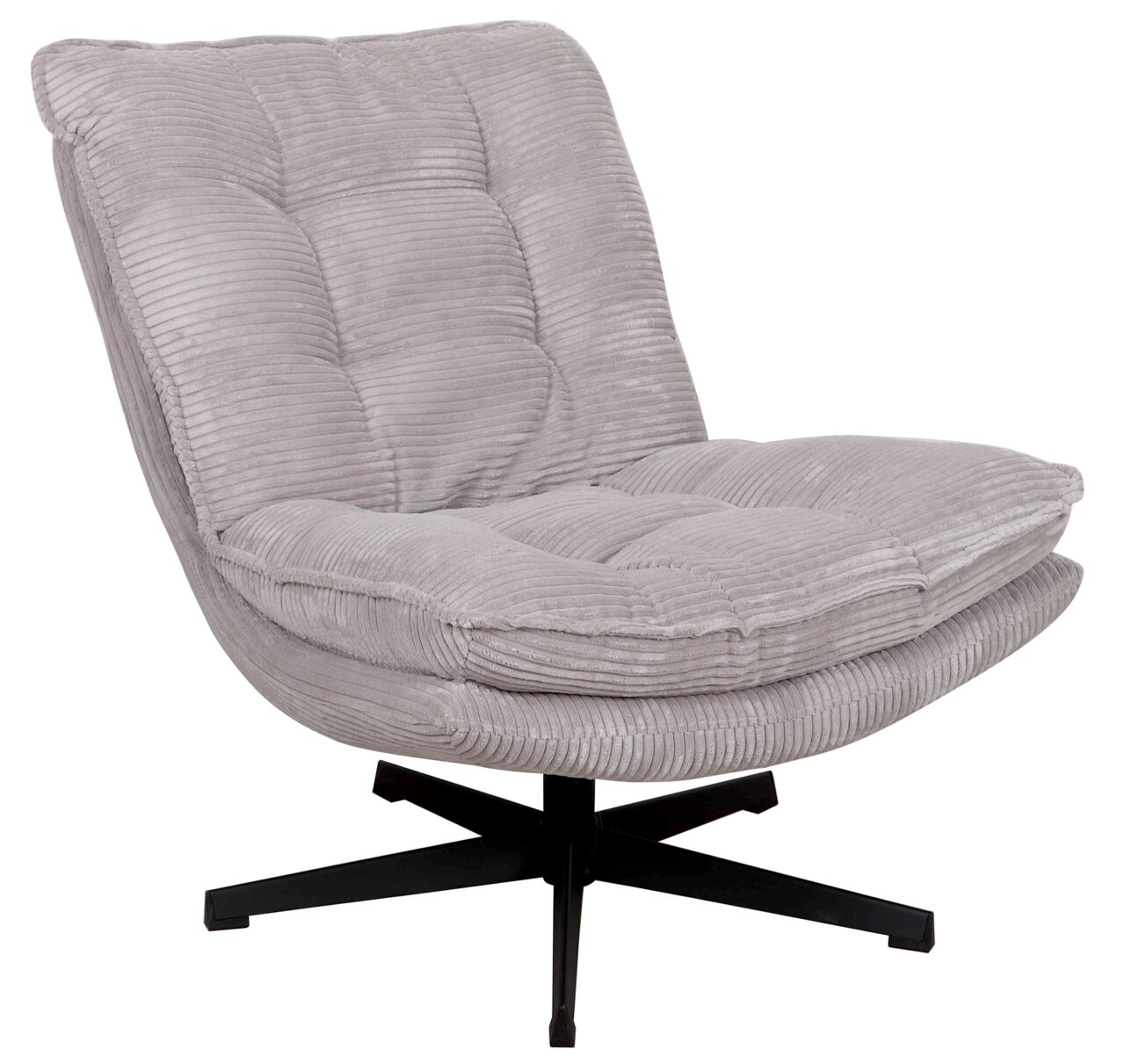 Grauer Relaxsessel mit weichem, geripptem Stoffbezug und schwarzem Drehfuß, seitliche Perspektive